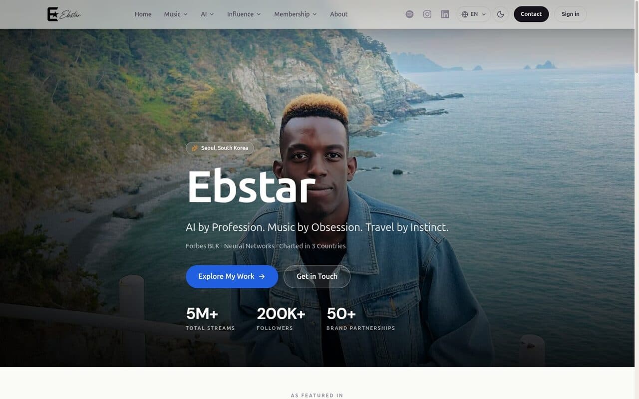 The live Ebstar flagship — a producer & AI researcher's site, built with Tzohar Sites